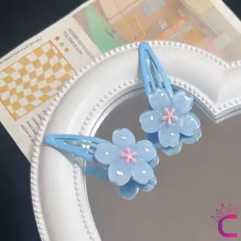 3lü Tatlı Mavi Kiraz Çiçeği Çıtçıt Kız Çocuk Toka Seti 5cm - Yumuşak Çıtçıtlı Yan Saç Tokası