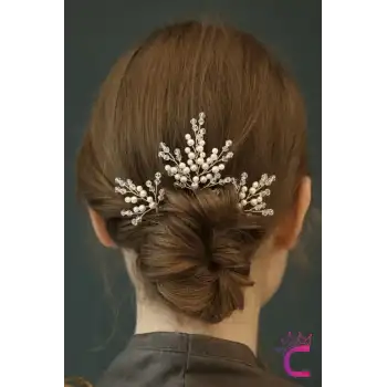3lü Zarif İncili Kristal Taşlı Gelin Tacı Firkete Toka Gold - Düğün Nişan Nikah Söz Saç Aksesuarı