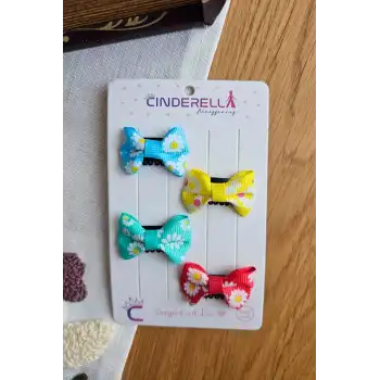 4lü Çiçekli Fiyonk Saçsız Kız Bebek Tokası 4cm - Kurdeleli Az Saçlı Yenidoğan Saç Toka Seti Klipsi