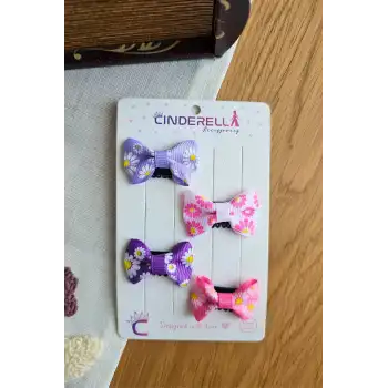 4lü Çiçekli Fiyonk Saçsız Kız Bebek Tokası 4cm - Kurdeleli Az Saçlı Yenidoğan Saç Toka Seti Klipsi