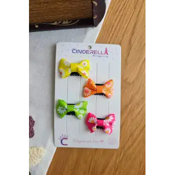 4lü Çiçekli Fiyonk Saçsız Kız Bebek Tokası 4cm - Kurdeleli Az Saçlı Yenidoğan Saç Toka Seti Klipsi