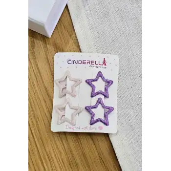 4lü Dökme Simli Açık Pembe Mor Yıldızlı Çıtçıt Toka Seti - Kız Çocuk Metal Çıtçıtlı Saç Tokası