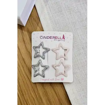 4lü Dökme Simli Gümüş Açık Pembe Yıldızlı Çıtçıt Toka Seti - Kız Çocuk Yıldız Çıtçıtlı Saç Tokası