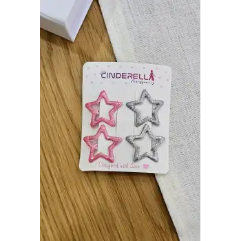 4lü Dökme Simli Pembe Gümüş Yıldızlı Çıtçıt Toka Seti - Renkli Kız Çocuk Metal Çıt Çıt Saç Tokası