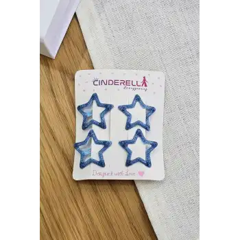 4lü Dolgu Simli Deniz Mavi Yıldızlı Çıtçıt Toka Seti - Kız Çocuk Yıldız Çıt Çıt Yan Saç Tokası