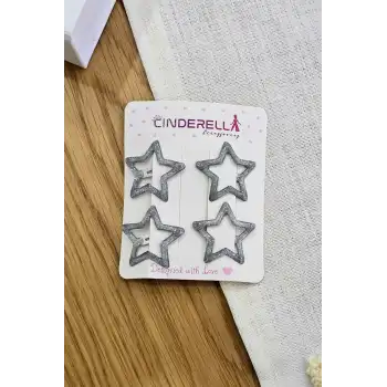 4lü Dolgu Simli Gümüş Yıldız Çıt Çıt Toka Seti - Kabartmalı Yıldızlı Çıtçıtlı Saç Tokası Metal