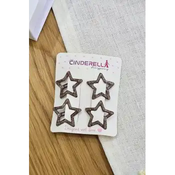 4lü Dolgu Simli Kahverengi Yıldızlı Çıtçıt Toka Seti - Kız Çocuk Yıldız Metal Çıt Çıt Saç Tokası