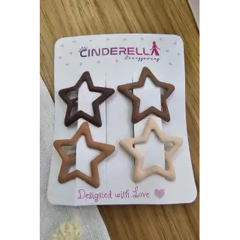 4lü Kaplamalı Mat Kahve Tonlu Yıldızlı Çıtçıt Toka Seti - Kız Çocuk Yıldız Çıtçıtlı Yan Saç Tokası