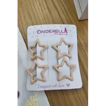 4lü Kaplamalı Mat Bej Renkli Yıldızlı Çıtçıt Toka Seti - Kız Çocuk Yıldız Çıtçıtlı Yan Saç Tokası