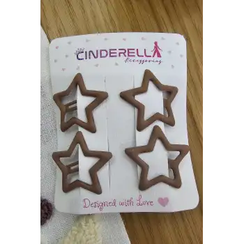 4lü Kaplamalı Mat Kahve Renkli Yıldızlı Çıtçıt Toka Seti - Kız Çocuk Yıldız Çıtçıtlı Yan Saç Tokası