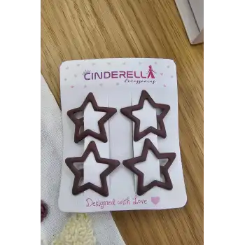 4lü Kaplamalı Mat Koyu Kahve Yıldızlı Çıtçıt Toka Seti - Kız Çocuk Yıldız Çıtçıtlı Yan Saç Tokası