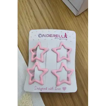 4lü Kaplamalı Mat Koyu Pembe Yıldızlı Çıtçıtlı Toka Seti - Kız Çocuk Yıldız Çıtçıt Yan Saç Tokası