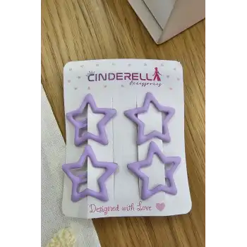 4lü Kaplamalı Mat Mor Renkli Yıldızlı Çıtçıtlı Toka Seti - Kız Çocuk Yıldız Çıt Çıt Yan Saç Tokası