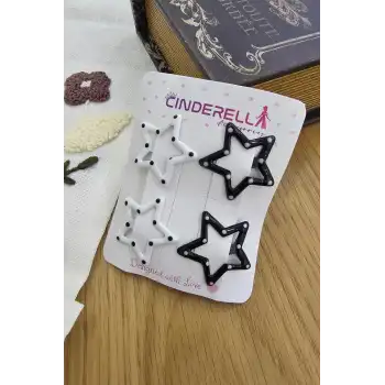 4lü Sevimli Noktalı Yıldızlı Çıtçıt Toka Seti Siyah & Beyaz - Renkli Kız Çocuk Çıtçıtlı Saç Tokası