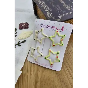4lü Sevimli Noktalı Yıldızlı Çıtçıtlı Toka Seti Krem Tonlu - Renkli Kız Çocuk Çıt Çıt Saç Tokası