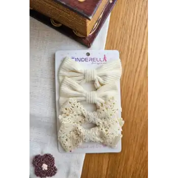 4lü Şık Kombin Soft Bej Renkli Kız Bebek Yumuşak Pens Toka Seti - Çocuk Kurdeleli Fiyonk Saç Tokası