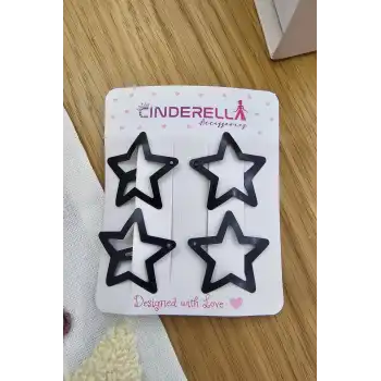 4lü Siyah Yıldızlı Çıtçıt Toka - Kız Çocuk Yıldız Çıtçıtlı Yan Saç Tokası Metal Çıt Çıt Toka