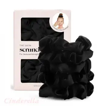 5li Çok Yumuşak Kadın Özel Saten Scrunchie Toka Seti Siyah - Rahat Kullanım Simit Lastik Saç Tokası