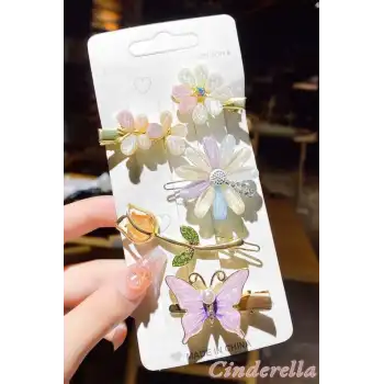 5li Kadın Yeni Sezon Lale Kelebek Çiçek Model Toka Seti - Lüks Yan Çıtçıt Klips Pens Toka Seti