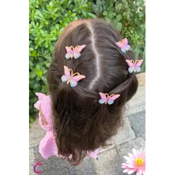 5li Pembe Mavi Degrade Kız Çocuk Kelebek Toka Seti - Dolgu Kanatlı Kelebekli Mini Pens Saç Tokası