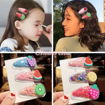 4lü Şeffaf İçi Mini Kalp Dolgulu Karışık Meyve Figürlü Çıtçıt Toka Seti - Renkli Çıt Çıt Saç Tokası