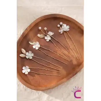 5li Zarif Beyaz Sedef İnci Çiçekli Gold Yaprak Gelin Tacı Firkete Toka - Düğün Saç Topuz Tokası