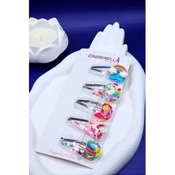 5li Renkli Kalp Dolgulu Çıtçıt Kız Çocuk Toka Seti - Unicorn Gökkuşağı Deniz Kızı Çıt Çıt Saç Tokası