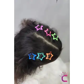 6 adet - Yıldız Çıt Çıt Toka Kaplamalı Parlak Renk - Y2k Kız Çocuk Yıldız Model Çıtçıtlı Yan Toka