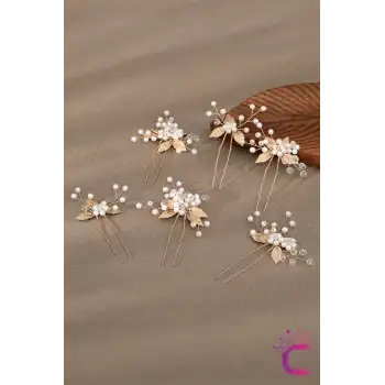 6lı İncili Kristal Taşlı Gelin Tacı Firkete Toka Gold - Yaprak Taç Düğün Nişan Nikah Saç Aksesuarı