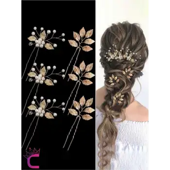 6lı İncili Taşlı Çiçekli Gold Yaprak Gelin Tacı Firkete Topuz Toka - Düğün Nişan Nikah Saç Aksesuar