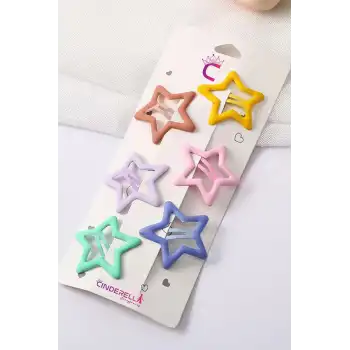 6lı Mat Soft Renkli Büyük Yıldız Çıtçıt Toka Seti 4cm - Kız Çocuk Yıldızlı Çıtçıtlı Saç Tokası