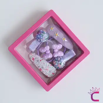 6lı Özel Hediyelik Kutulu Kız Bebek Toka Seti Mor - Yumuşak Astarlı Çocuk Fiyonk Lastik Saç Tokası