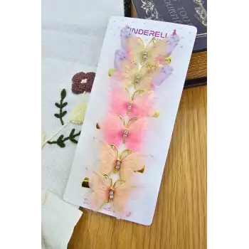 6lı Özel Seri Tül Kanatlı Taşlı Kelebek Toka Seti 5cm - Hareketli Renkli Kelebekli Pens Saç Tokası