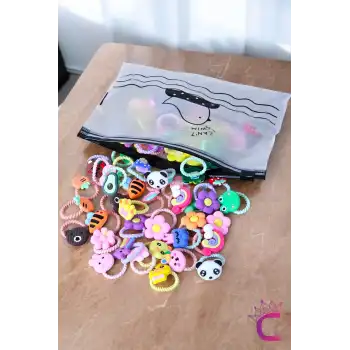 60lı Renkli Karışık Figürlü Dayanıklı Kız Çocuk Lastik Toka Seti - Sevimli Bebek Lastikli Toka