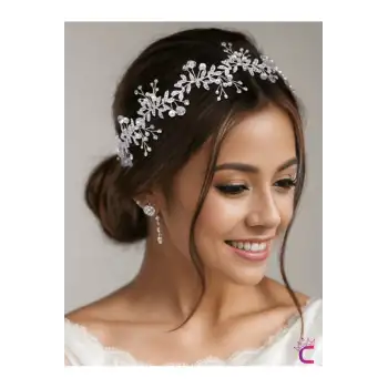 Özel Tasarım Tül Kuyruklu Zirkon Taşlı İncili Çiçekli Gelin Tacı Gümüş Düğün Saç Tokası Aksesuarı