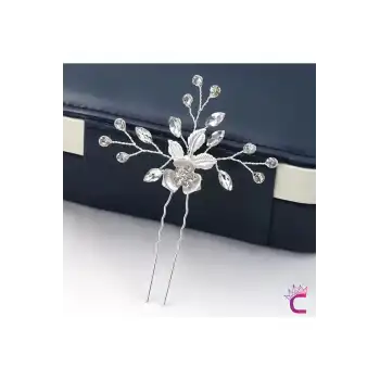 Yapraklı Çiçekli Zirkon Taşlı Gelin Tacı Firkete Tokası Gümüş - Düğün Nikah Nişan Söz Saç Aksesuarı