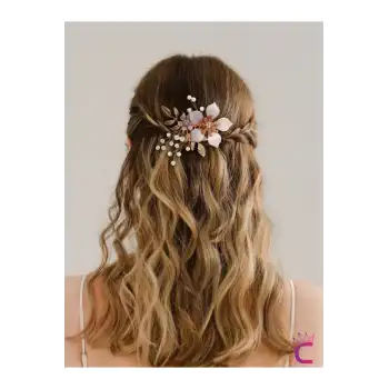 Gold Yapraklı Taşlı İncili Çiçekli Taraklı Gelin Tokası Tacı - Düğün Nişan Nikah Saç Aksesuarı