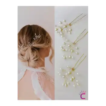 3lü Zarif İncili Gelin Tacı Firkete Saç Topuz Tokası Gold - Düğün Nikah Nişan Söz Aksesuarı