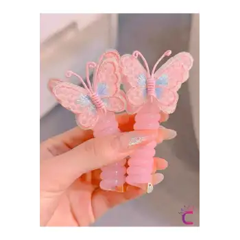 2li Pembe Mavi Tül Kelebekli Yaylı Spiral Makarna Toka - Kız Çocuk At Kuyruğu Saç Tokası