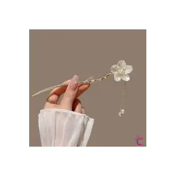 Zarif El Yapımı Beyaz Çiçekli Saç Topuz Tokası 17cm - Japon Topuz Çubuğu Metal Çubuk Toka