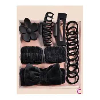 16lı Soft Siyah Havlu Saç Bandı Toka ve Bileklik Makyaj Uygulama Seti- Kadın Cilt Bakımı Saç Tokası