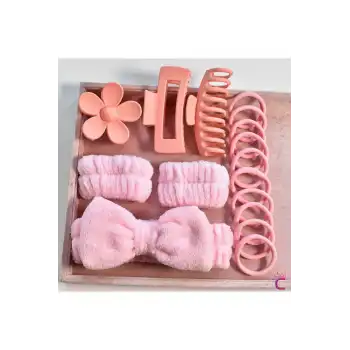 16lı Soft Havlu Saç Bandı ve Bileklik Makyaj Uygulama Seti Pembe - Kadın Cilt Bakımı Saç Tokası