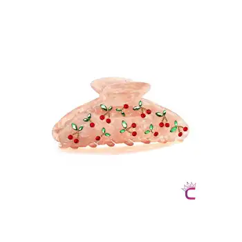 Zarif Taş Kiraz İşlemeli Pembe Mandal Toka 9cm - Akrilik Dayanıklı Kirazlı Mandallı Saç Tokası