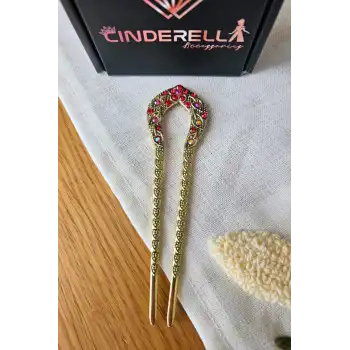 Kırmızı Taş İşlemeli Gold Metal Japon Topuz Tokası 12.5cm - Zarif Şık Kalpli Çubuk Toka Topuz Çubuğu