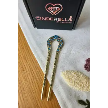 Japon Çin Tarzı Mavi Taş İşlemeli Topuz Tokası 12.5cm - Vintage Retro Topuz Çubuğu Metal Çubuk Toka