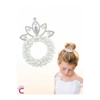Su Damlası Kristal Taşlı İncili Kız Çocuk Prenses Tacı Lastikli Topuz Tokası - Parti Doğum Günü Taç