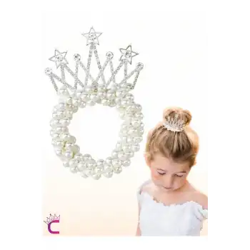 Prenses Taç İncili Yıldızlı Taşlı Lastikli Elastik Topuz Tokası - Kız Çocuk Tacı Doğum Günü Tokası