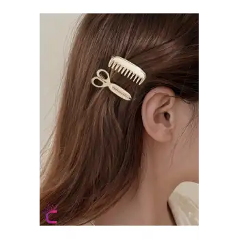 Makas ve Tarak Tasarım Metal Gold Pens Toka Seti 5cm - Yaratıcı Y2k Klipsli Yan Saç Tokası