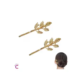 2li Dal Yaprak Tasarım Gold Metal Tel Toka 6cm- Klipsli Yan Saç Tokası Düğün Nikah Gelin Aksesuar