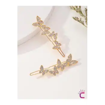 2li Zirkon Taşlı Gold Kelebekli Kıstırmalı Yan Saç Tokası 6cm - Modern Topuz Tokası Klipsli Toka